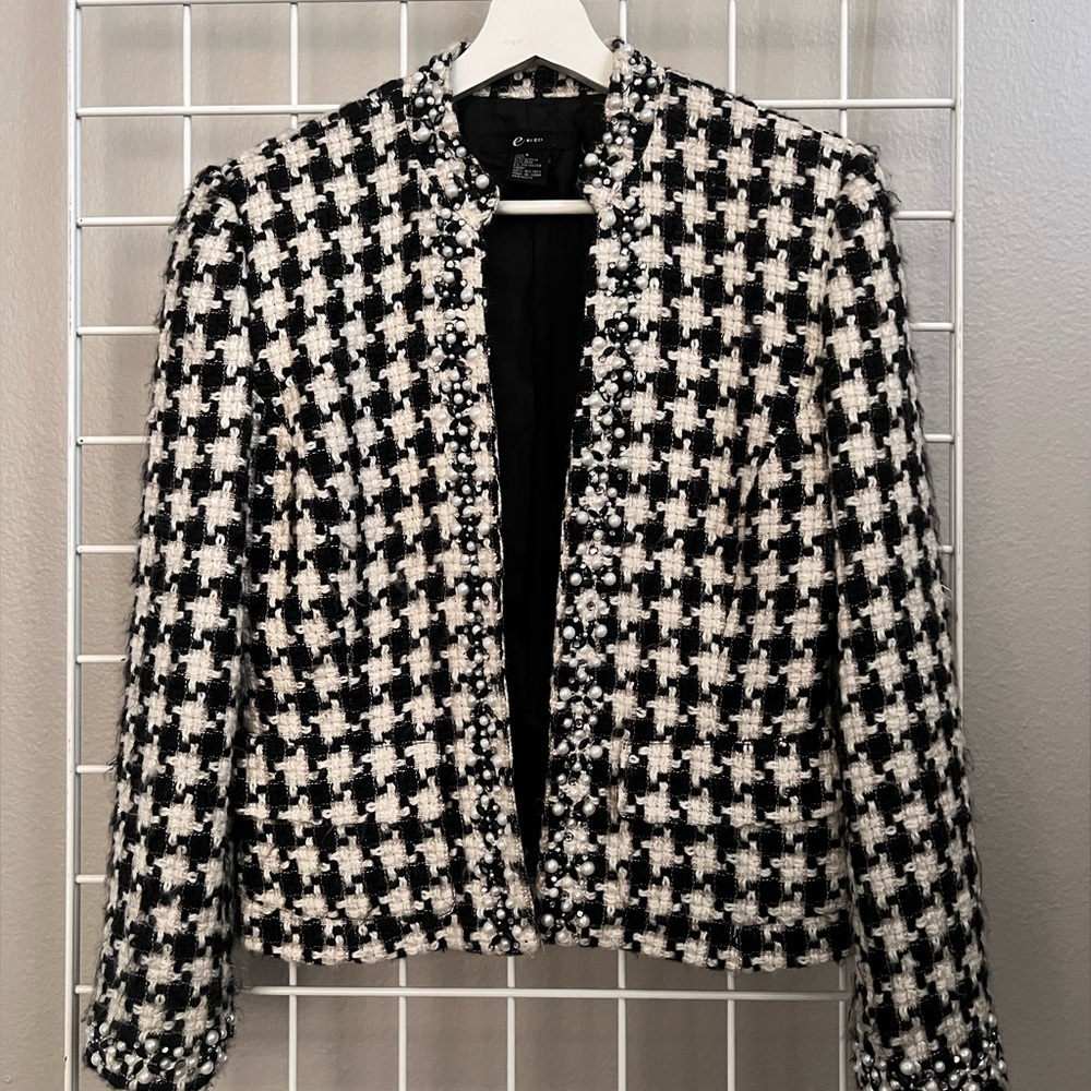 ECI Houndstooth Wool Blazer Pearl Embellished - Picture 9 of 13